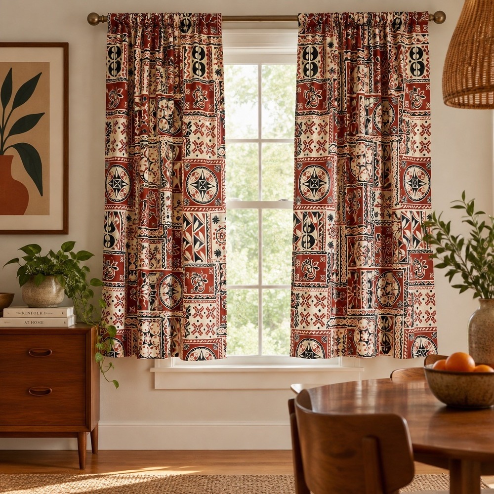 Sears Perma-Prest Vintage MCM Geometric Curtains Window 24x46 Rust Folk Art